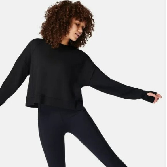 Sweaty Betty After Class Cotton Blend Cropped Black Sweatshirt Size‎ M - NEW - Picture 1 of 14
